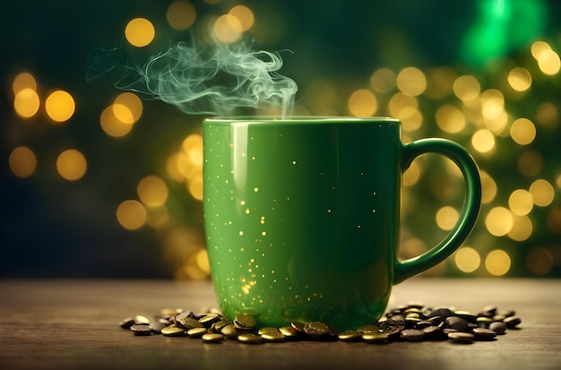 Warme groene kop koffie met bokeh achtergrond