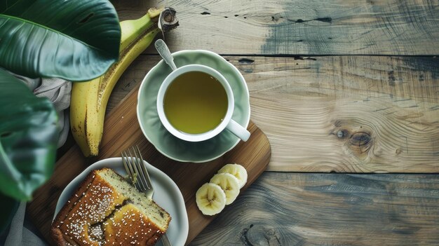 Warme groene thee en bananenkoek op een houten vloer.