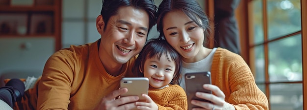 Warme grote Aziatische familie die het weekend doorbrengen in hun comfortabele huizen in de woonkamer met behulp van een mobiele telefoon om groepsvideogesprekken te maken