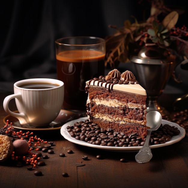 Warme koffie en een plakje rauwe chocolade mousse cake met cashew chocolade cake en koffie op tafel