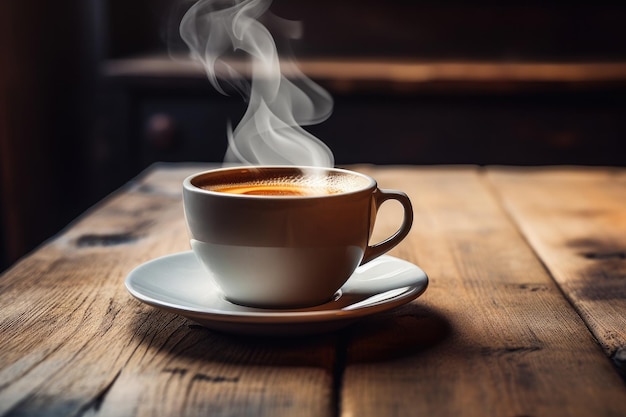 Warme koffie in een beker op een rustieke houten tafel met een lichte achtergrond