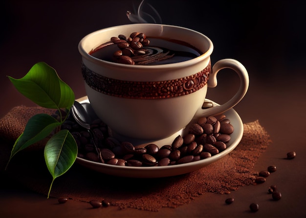 Warme koffie in een kopje en veel koffiebonen op donkere achtergrond AI gegenereerd