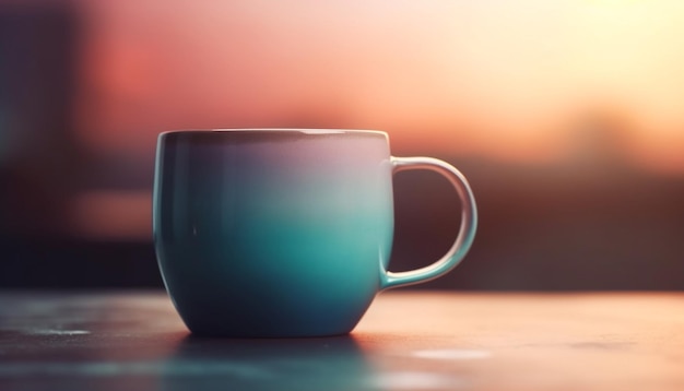 Warme koffie in houten mok op bureau met natuurreflectie gegenereerd door AI