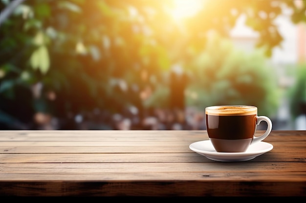 Warme koffie in mok met slagroom op rustieke houten tafel met kopieerruimte