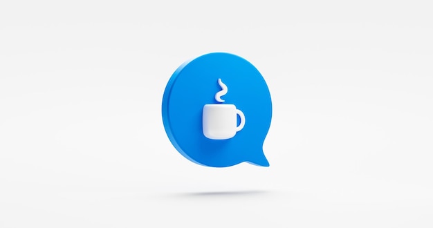 Warme koffie kopje 3d pictogram ontbijt drank geïsoleerd op een witte achtergrond met blauwe tekstballon bericht symbool of cappuccino café drinken mok teken en ochtend restaurant wegwerp afhaalmaaltijden theepauze