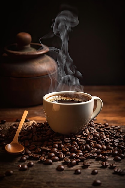 Warme koffie met koffiebonen op houten tafel