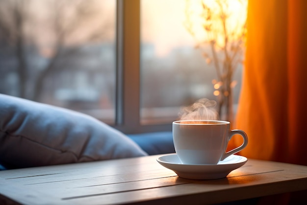 Warme kop koffie bij een raam tijdens de zonsopgang winter concept comfort rust ontspanning