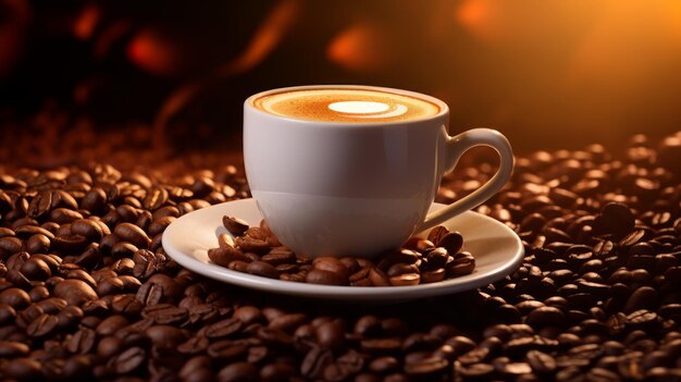 Warme kop latte koffie tussen koffiebonen