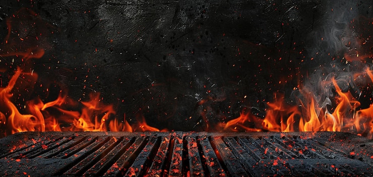 Foto warme lege draagbare barbecue barbecue grill met vlammend vuur en gloeiende houtskool op zwarte achtergrond