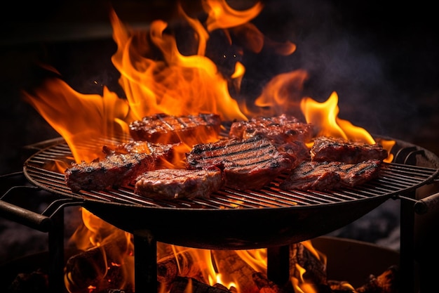 Warme lege draagbare barbecue BBQ grill met vlammend vuur en gloeiende houtskool