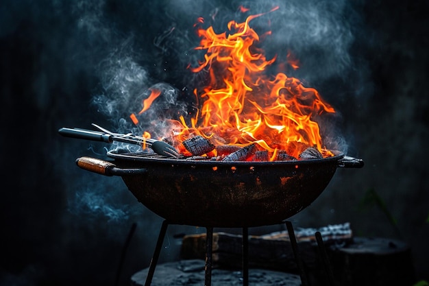 Foto warme lege staal barbecue bbq grill met helder vlammend vuur en rook op zwarte achtergrond klaar voor