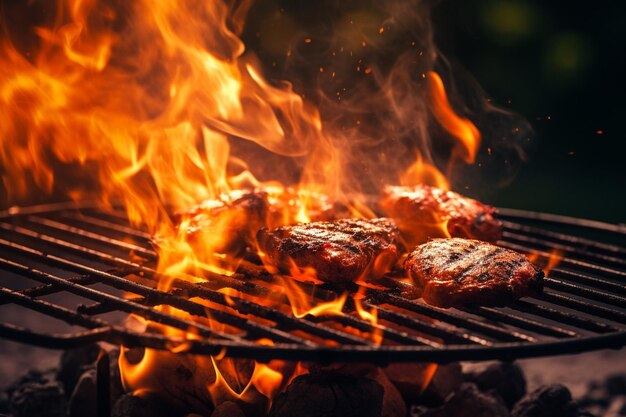 Warme lege staal barbecue BBQ grill met helder vlammend vuur en rook op zwarte achtergrond klaar voor