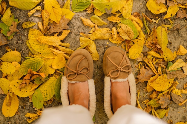 Warme pantoffelschoenen die van bovenaf in veel gevallen esdoornbladeren staan