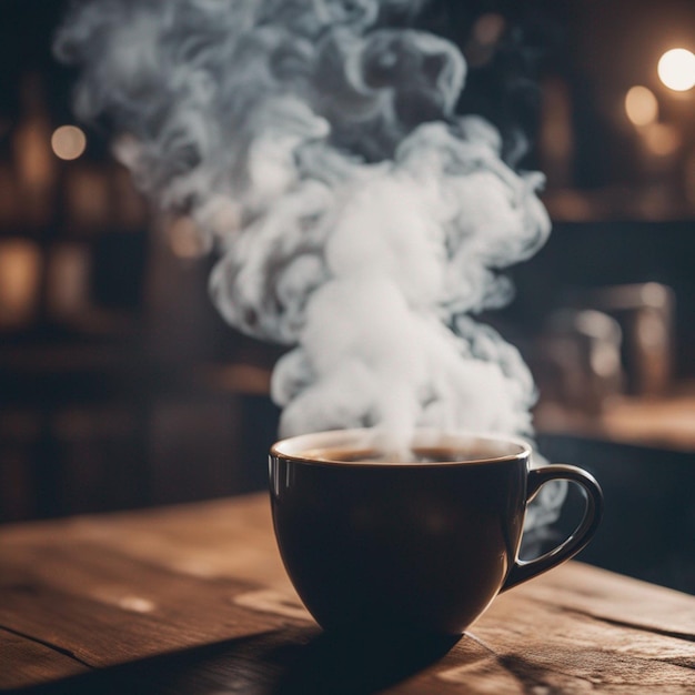 Warme stoom die stijgt uit koffie in een beker gegenereerd door kunstmatige intelligentie