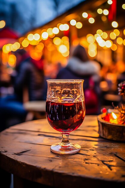 warme warme wijn in een glas op de kerstmarkt in de avond