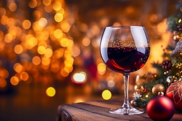 warme wijn in een glas tegen de achtergrond van een kerstboom in de versiering van het nieuwe jaar