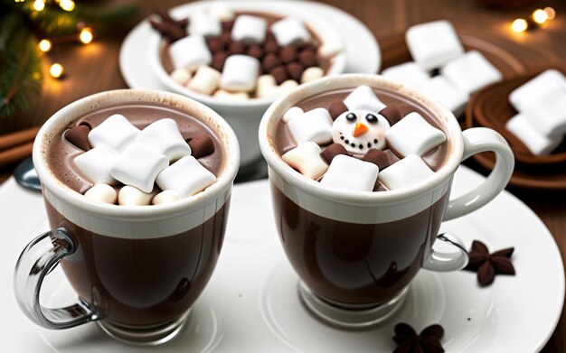Warme winterse lekkernijen Warme chocolademelk met sneeuwman-marshmallows Een gezellige traktatie voor het seizoen