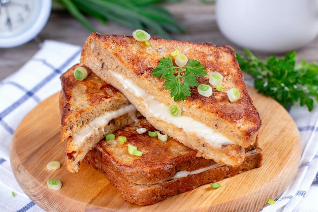 Warme zelfgemaakte sandwich met mozzarellakaas op een houten tafel