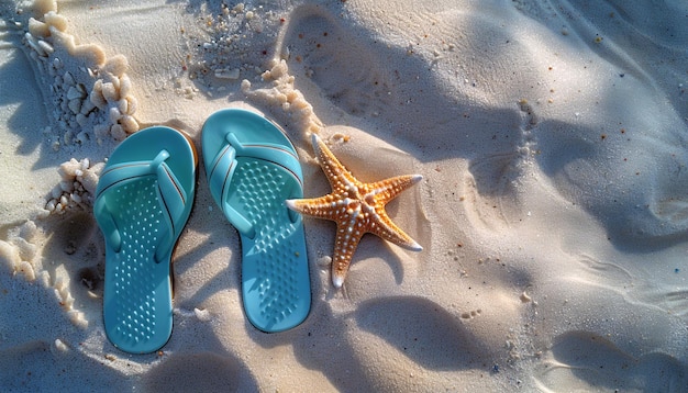 Warme zomer zonnebril zeesterren turquoise slip flops op zandig tropisch strand