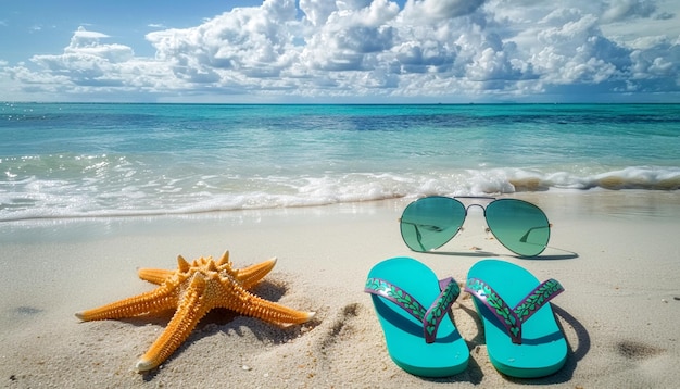 Warme zomer zonnebril zeesterren turquoise slip flops op zandig tropisch strand