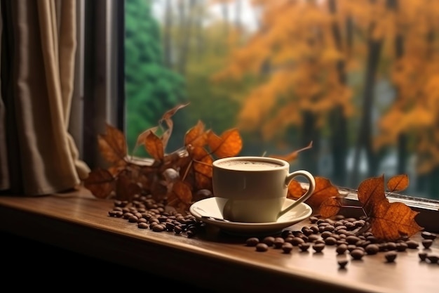 Photo warming autumn drinks in cold rainy weather hygge concept