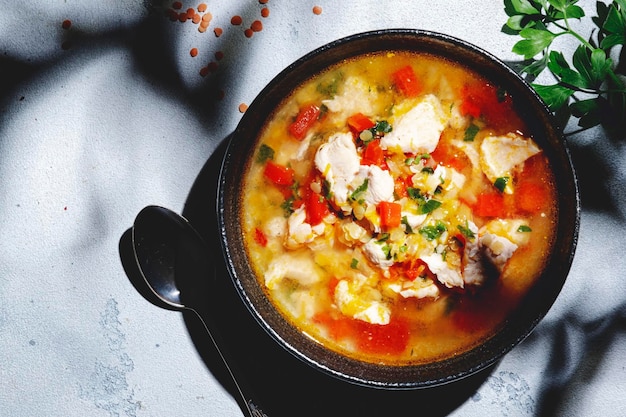 Warming autumn soup with red lentils chicken fillet vegetables spices and paprika comfort food White table hard light with leaf shadows top view