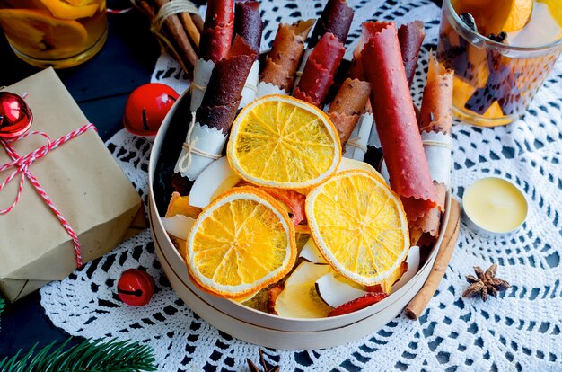 Warming winter tea, dry fruits on xmas day