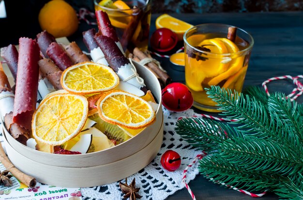 Warming winter tea, dry fruits on xmas day