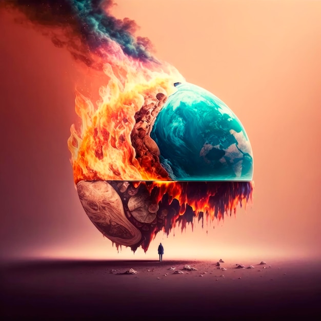 Warming with the earth set on fire and destroyed with a person looking the earth Generative AI