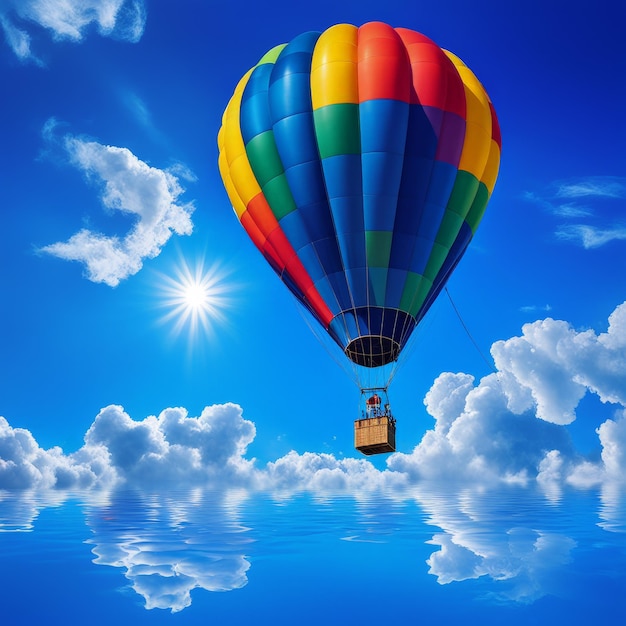 Warmluchtballon vliegt over een warmluchtballon met een blauwe achtergrond.