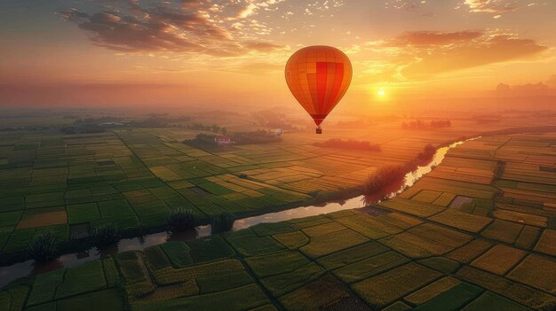 Foto warmluchtballon zweven over patchwork velden zonsopgang