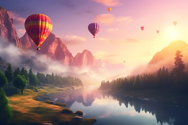Warmluchtballonnen drijven over een nevelige vallei