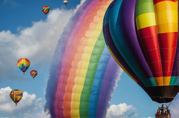 Foto warmluchtballonnen onder de regenboog