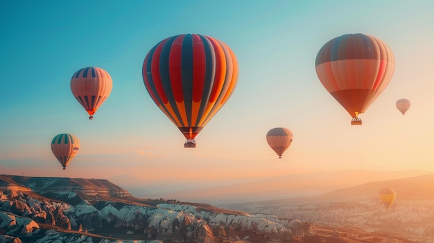 Warmluchtballonnen vliegen over de horizon van Cappadocië