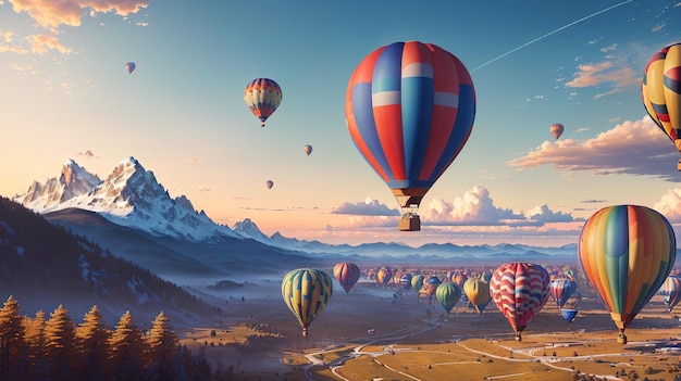 Warmluchtballonnen vliegen over de weide 3D Rendering