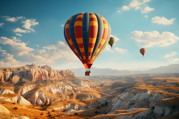 Warmluchtballonnen vliegen over een klif in Cappadocië, Turkije, op een heldere dag