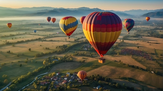 Warmluchtballonnen vliegen over een mistig landschap.