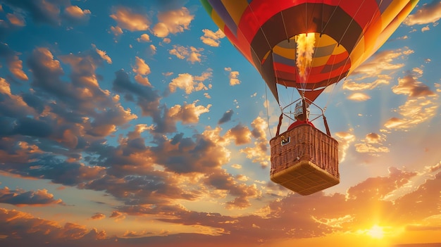 Warmluchtballonrit bij zonsondergang De ballon vliegt hoog in de lucht met een prachtige zonsondergang op de achtergrond