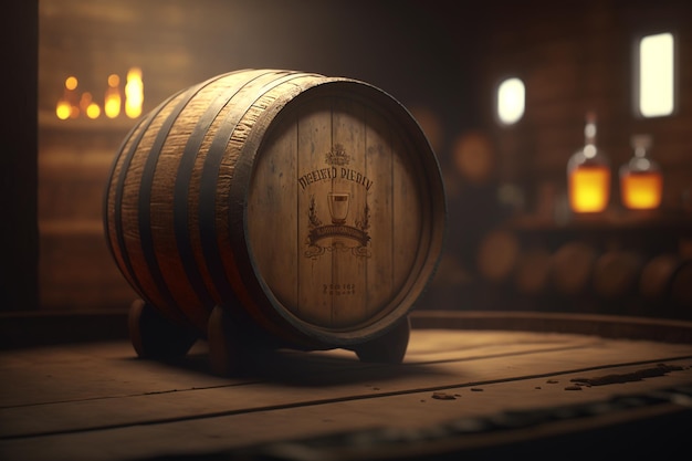 写真 ウイスキー樽の素朴な魅力を備えた温かみのある照明のセラー