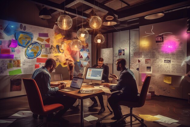 Photo in a warmly lit eclectic space a team of professionals is engrossed in their work papers