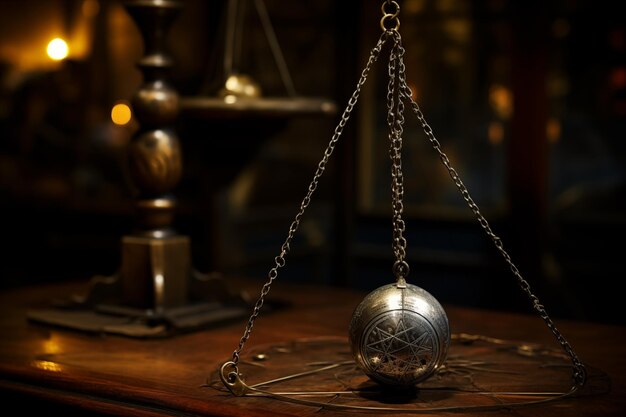 Photo warmly lit scene with a brass pendulum on a wooden desk evoking a sense of history and science