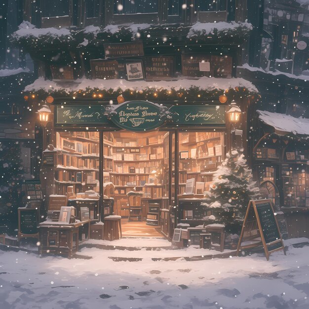 Photo warmly lit winter bookstore