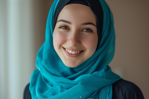 따뜻 한 미소 를 짓는 젊은 이슬람 여자