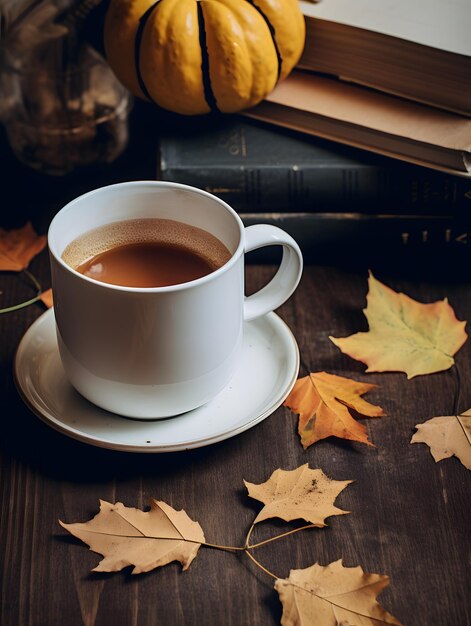 Warmte in minimalisme Koffie in witte kop op houten tafel