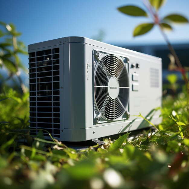 warmtepomp op groen gras tegen blauw zonnig