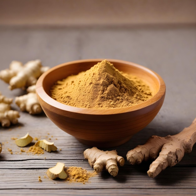 Warmth in a Bowl Ground Ginger Powder Isolated in Wood