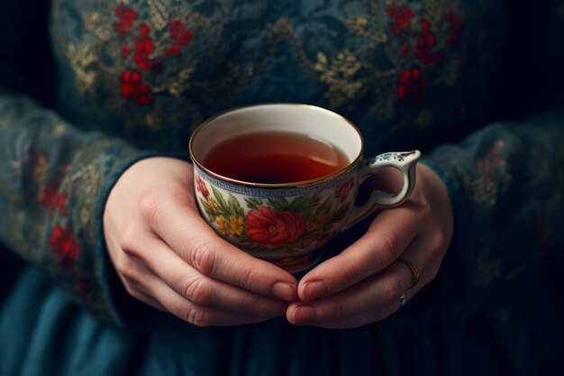 写真 手 の 温かさ 茶 や コーヒー の 美味しい カップ を 握っ て いる 女性 の やか な 近づき