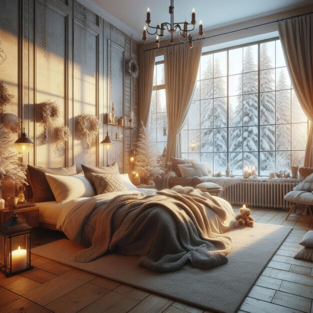 Photo warmth within charming wooden house bedroom in winter