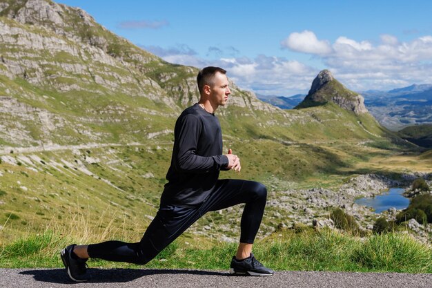 Warmup before training on the background of fascinating views of the mountains