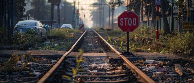 コルカタ の 鉄道 線路 の 赤い 停止 標識 に 対する 警告